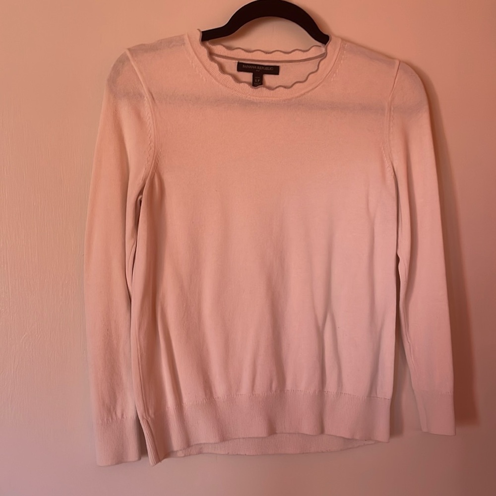 White sweater with gray neck detail, small petite
